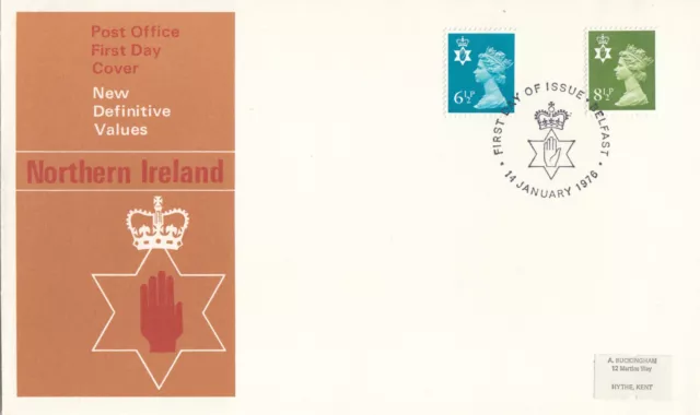 (104785) CLEARANCE Northern Ireland 8.5p 6.5p GB FDC Belfast 1976 NO INSERT