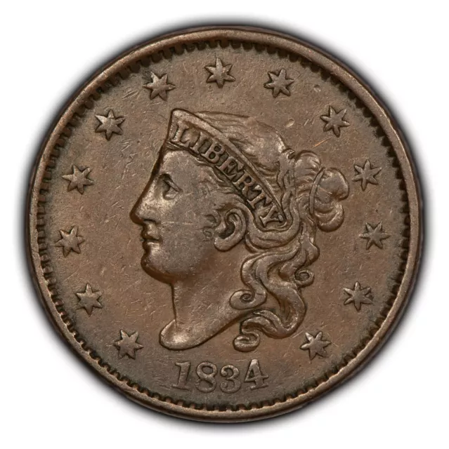 1834 1c Coronet Head Large Cent - PQ Dramatic Rev Woodgrain - Orig XF - Y5473