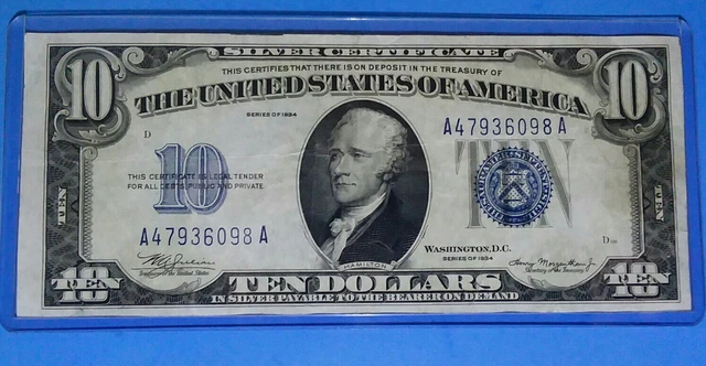 1934 $10 Silver Cert.! Blue Seal, Vf. Circ. Cond.! Old Us Currency! Nice !