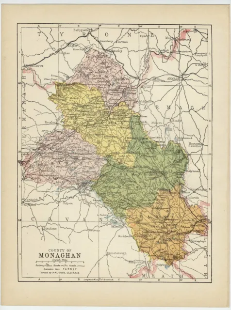 1902 Antique Map Of The County Of Monaghan / Ireland