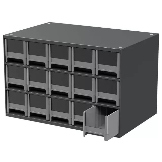 Akro-Mils 19715 Drawer Bin Cabinet With 15 Drawers, Steel, Polystyrene, Gray