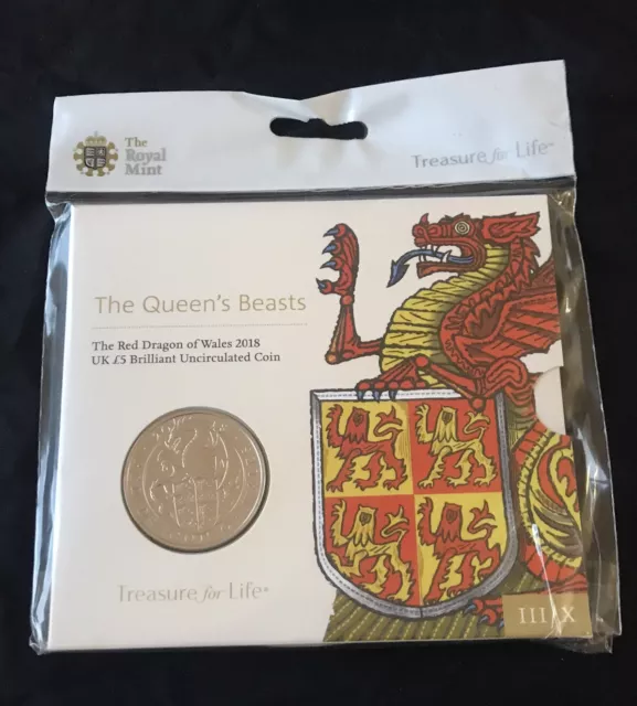 Royal mint £5 Coin 2018 - Queens Beasts The Red Dragon of Wales - Sealed