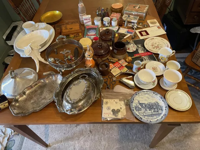 Assorted Vintage Antique Items China Plates, Silver Tableware, Primitive Dishes