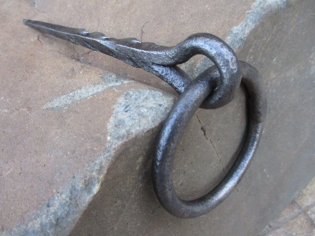 Antique Wrought Iron Tethering Large Ring on Pin Game Hook Old Wall Hardware 3