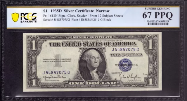 1935 D $1 SILVER CERTIFICATE NOTE NARROW FR 1613N  JG Block PCGS B SUPERB 67 PPQ