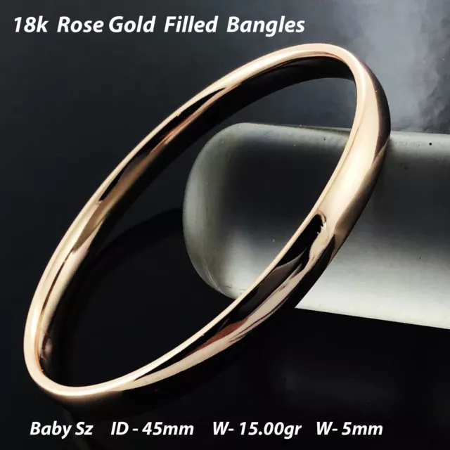 5mm Bangle Real 18k Rose Gold Filled Solid Flat Cuff Bracelet Baby Size 45mm