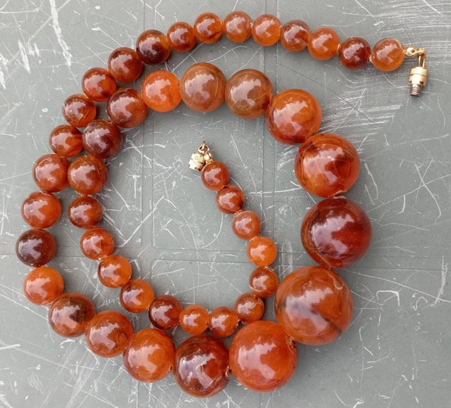 Collier Ancien Perles Bakelite Rouge/marron Ambre - 49g, Bijou Vintage Occasion