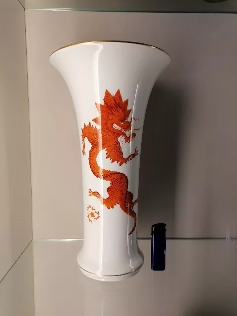 Meissen Große Vase Bodenvase  Ming Drache Rot Porzellan Goldrand 36cm