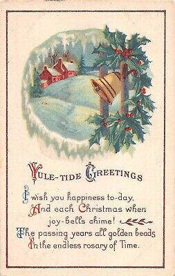 Ringing Bell by Holly & Snowy Home Scene on 1923 Christmas Postcard