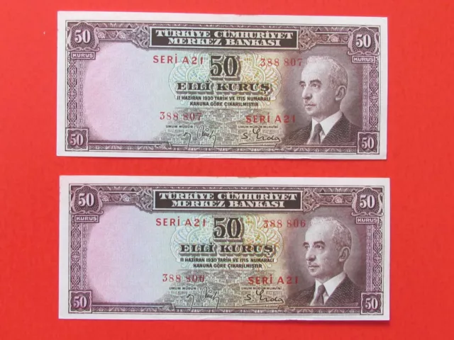 Turkey ( 1930 Rare Scarce Consecutive ) 2X50 Kurush Rare Banknotes,Unc