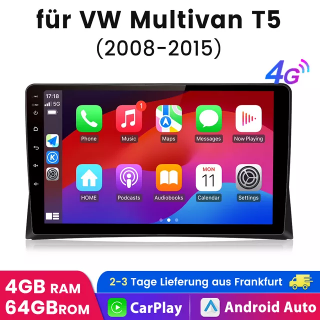 CARPLAY 4G 4+64GB Für VW Multivan T5 2008-2015 Head Unit 9" Car Radio GPS WIFI