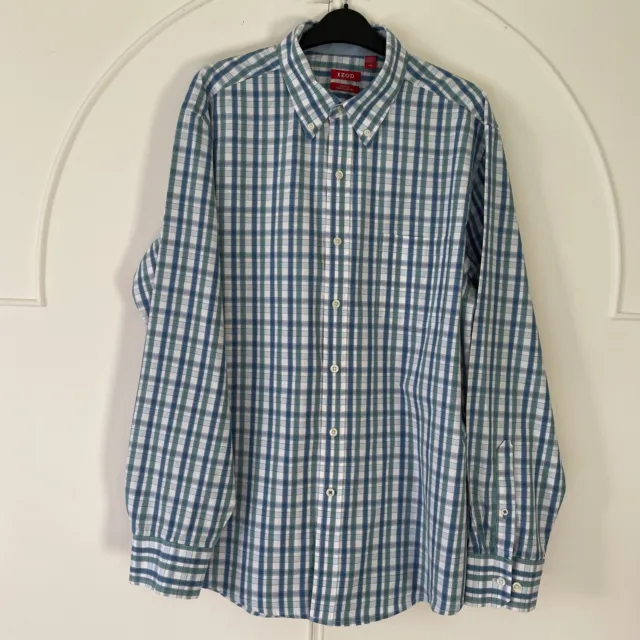 Camicia uomo Izod grande blu, bianco e verde a scacchi maniche lunghe