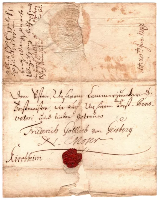 Vorphilatelie Altbrief Friderich Gottlieb von Geisberg, (Moser), Kirchheim 1747