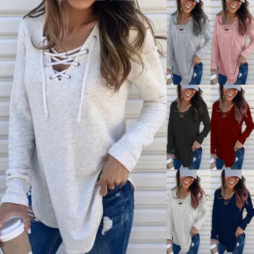 Casual Strappy Blouse Loose Clothing V Neck T Shirt Tops Women Tunic Long Sleeve