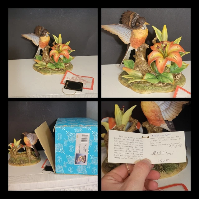 Robin W Tiger LILY  Figurine Andrea By Sadek Japan With Base 1989 W Box