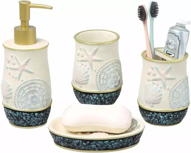 4 Piece Coastal Bathroom Accessories Set w/ Embossed Seashell Starfish Design 3