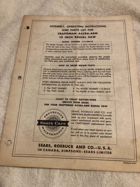 Sierra radial vintage Sears Craftsman propietario modelo manual #113.29410 brazo AccRA 10