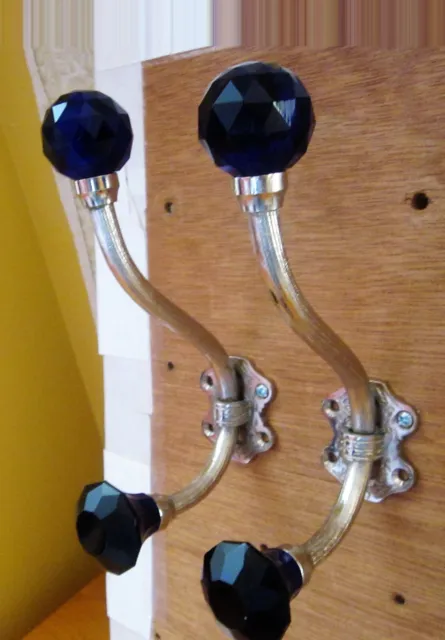 Set of 2  Victorian style Chrome (satin) Hook  Dark Blue glass tips 6.5"