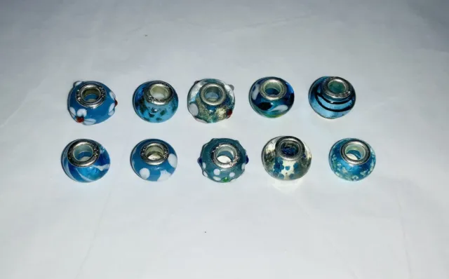 10 Mixed BLUE Hand Made GLASS European Large Hole BEADS Jewellery Making A4