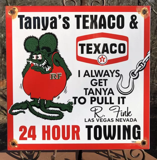 Vintage 1963 Tanya's Texaco Towing 12” Porcelain Gas Pump Sign Rat Fink Hot Rod