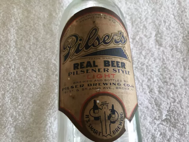 Pilser’s Beer Vintage Paper Label Bottle, Pilser Brewing, Bronx, New York