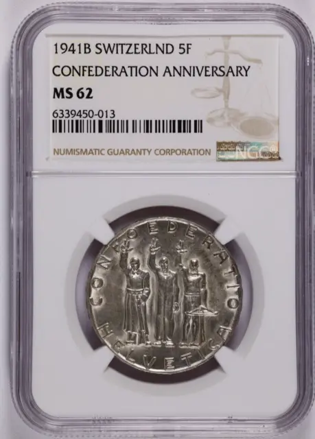 Switzerland 1941 B Silver 5 Francs Confederation Anniversary Coin - NGC MS 62