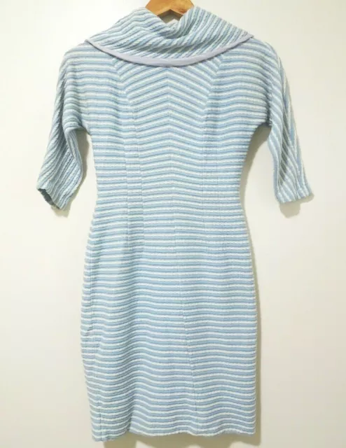 XS/S Vtg 50s 60s Blue White Striped Knit Button MCM Mod Secretary Wiggle Dress
