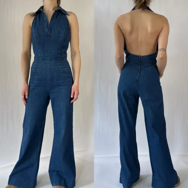 Vintage 70s Denim Halter Neck Jumpsuit by What’s In A Name? Size  S/M