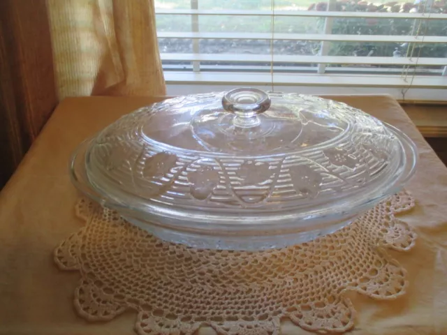 Vtg ANCHOR HOCKING DISH Oven Proof CLEAR GLASS LARGE 2 QT CASSEROLE & LID 13.5"