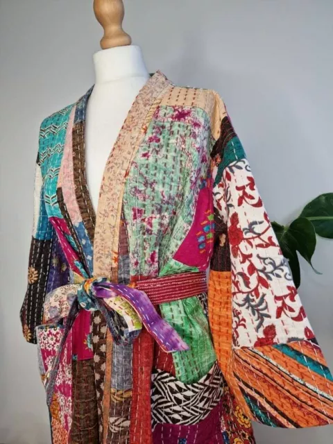 Silk patchwork handmade kantha jacket japanese kimono style kantha robe winter 2