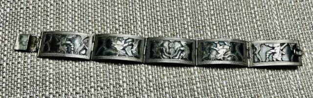 Siam Sterling Silver Black Niello Enamel Thai Dancer Panel Link Bracelet 925