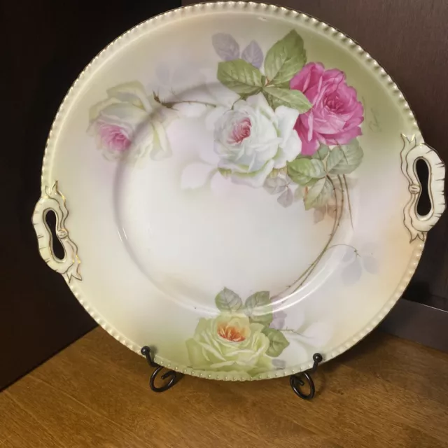 Antique Schwartzburg Hand Painted Roses Signed Two Handled  Cake Plate