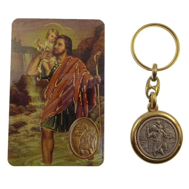 St. Christopher Latón Y Plata Llavero con El Motorist's Oración Tarjeta