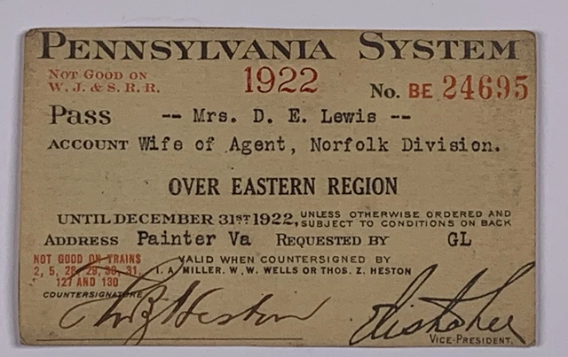 Railroad Pass Pennsylvania System 1922 BE 24695