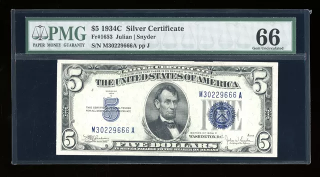 DBR $5 1934-C Silver Fr. 1653W MA Block Wide PMG 66 implied EPQ Ser # M30229666A
