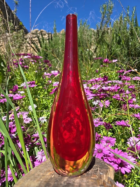 Merveilleux vase d'art italien rare en verre de Murano jaune rouge Marcello Furl