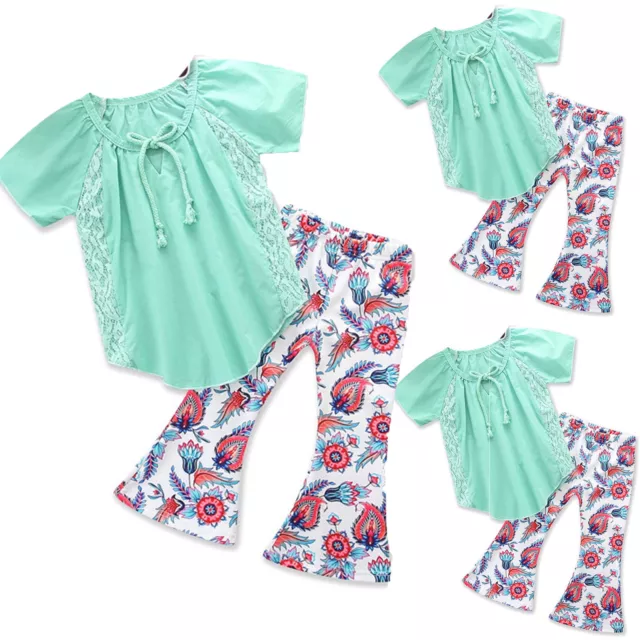 T-shirt top in pizzo bambine bambine + pantaloni floreali abiti estivi set vestiti