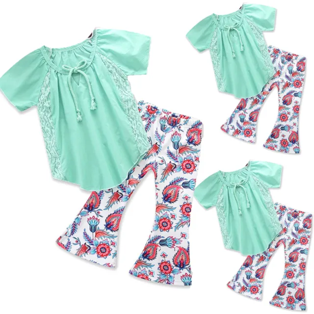 Toddler Kid Baby Girls Lace T-Shirt Tops+Floral Pants Summer Outfits Clothes Set
