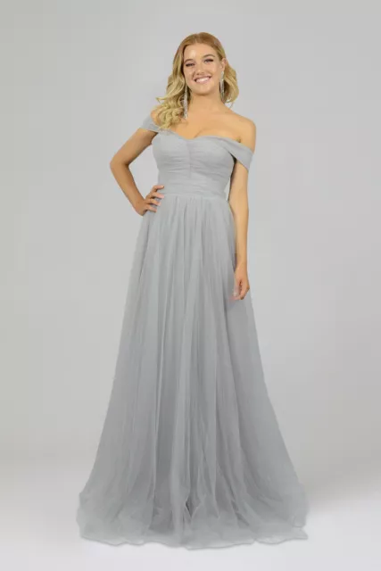 Off The Shoulder Tulle Grey Formal Gown ENVIOUS BRIDAL & FORMAL