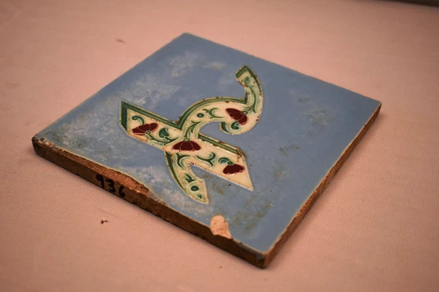 Antique Ceramic Tile Majolica Art Nouveau Floral "Re" Of Hare Krishna Gwalior"36 3