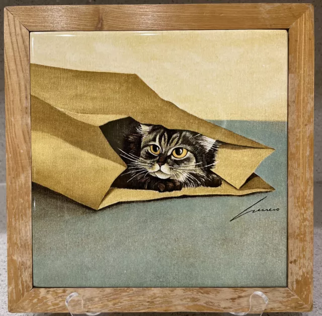 Lowell Herrero Framed Tile Tabby Cat in Paper Bag 1982 Vandor Japan