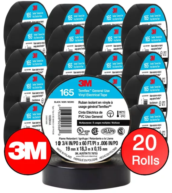 3M Temflex Vinyl Electrical Tape 165 Multi-purpose 3/4" X 60FT Black 20 Rolls