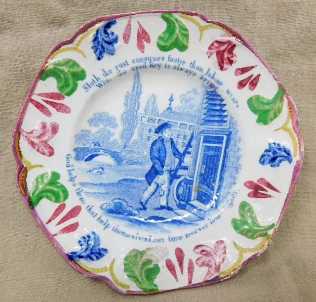 c. 1830 4-5/8" Plate Franklin Proverbs Blue Transferware Sloth & Lost Time ANTQ