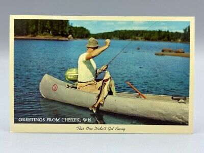 Vintage CHETEK Wisconsin JOHNSON MOTORS SEAHORSE Outboard Fishing Canoe Postcard