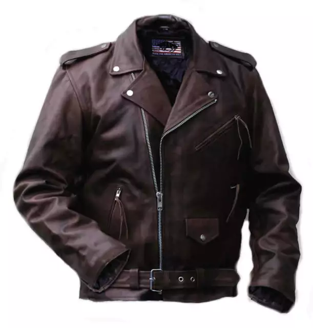 Herren Motorradjacke Leder Rockabilly Rinderleder Marlon Brando Jacke braun NEU