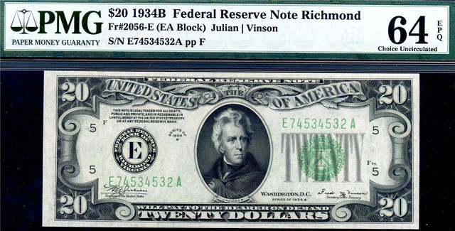 HGR SUNDAY 1934B $20 Richmond ((SCARCE 1934B Series)) PMG CHOICE UNC 64EPQ
