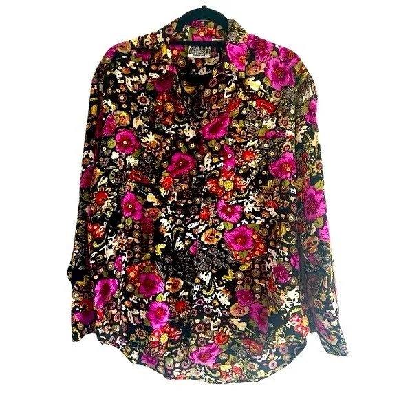 Vintage 1980s Sz XL Floral Sequin Embroidered Floral Button Up Top Shirt Pink