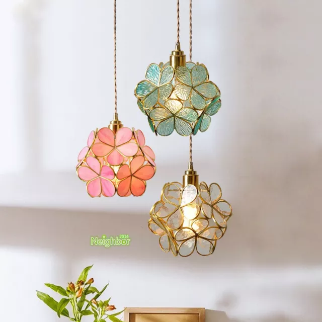 Nordic Petal Copper Pendant Light Fixture Home Glass Flower Ceiling Hanging Lamp