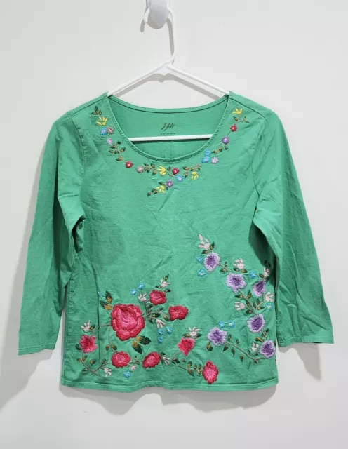 J Jill S Small Womens Artisan Crew-Neck Tee T Shirt Top Green Embroidered