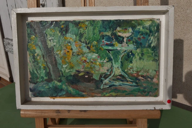 Tableau Peinture Huile Hst Signe Ancien Paysage Jardin Garden Oil On Canvas 2